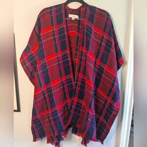 LOFT Plaid Shawl Poncho Knit Fringe Hem Red Blue Pink M/L Soft FLAW PICTURED